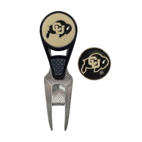 Repair tool and two ball markers. CU Buffalo logo in black on gold background on tool. CU Buffalo logo in gold on black background on markers.